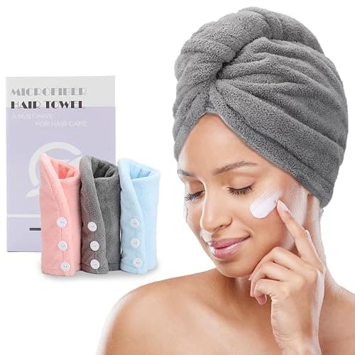 FREATECH 3 Pezzi Asciugamano Capelli in Microfibra - Asciugare Rapidamente i Capelli Bagnati senza Crespo, Turbante Capelli Morbido e Assorbente con 3 Bottoni per Donna, Bambino, Capelli Lunghi Ricci - Image 1