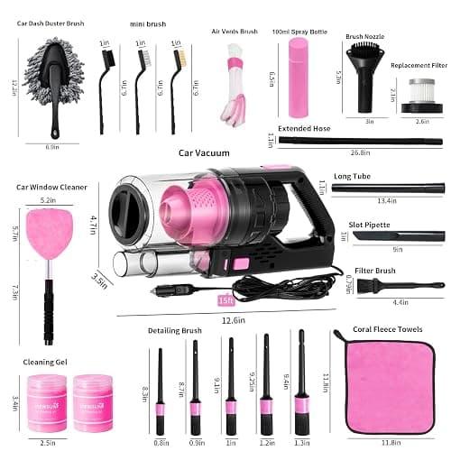 Viewsun 17pcs Car Cleaning Kit, Pink Car Interior Detailing Kit with High Power Handheld Vacuum, Detailing Brush Set, Windshield Cleaner, Cleaning Gel, Complete Auto Accessories for Women Gift - Pink - 17PCS thumbnail 7