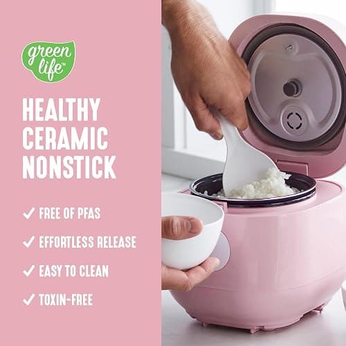 GreenLife Digital Rice Cooker, 2-Cups Uncooked/4-Cups Cooked, Removable Nonstick Ceramic PFAS-Free Pot, One-Touch Presets, Oats, Quinoa, Brown Rice, Auto Keep Warm, Fuzzy Logic Tech, 1.5QT, Pink thumbnail 3