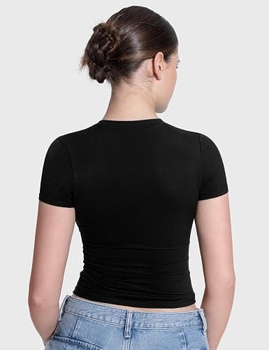 PUMIEY Women's Crew Neck Short Sleeve Tops Double Lined Slim Fit T Shirts Basic Tee Smoke Cloud Pro Collection thumbnail 4