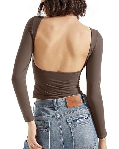 SUUKSESS Women Backless Going Out Tops Double Lined Open Back Basic Long Sleeve - Image 1