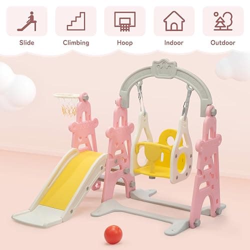 3-in-1 Kids Slide for Toddlers Slide and Swing Set,Indoor Playground for Children,Freestanding Outdoor Slides with Basketball Hoop,Outside Climber Playhouses,Baby Climbing Toys thumbnail 4