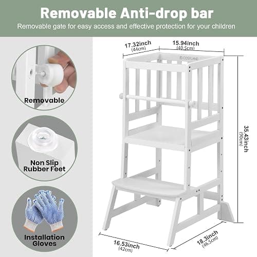 COSYLAND Kids Kitchen Step Stool, Height Adjustable Toddler Standing Tower Nursery Helper with CPC & FSC Certification, Removable Safety Railing Enjoys Exclusive Paten，White thumbnail 2