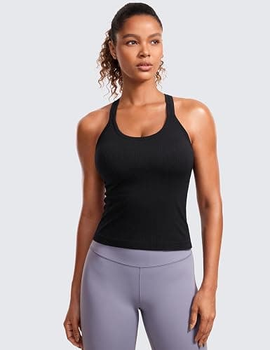 CRZ YOGA Seamless Ribbed Scoop Neck Tank Top for Women - Workout Racerback Padded Athletic Camisole with Built in Bra thumbnail 2