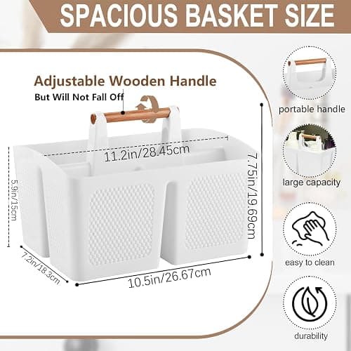 Haundry Plastic White Shower Caddy Basket with 3 Compartments, Portable Divided Bathroom Cleaning Caddy Organizer Storage Tote with Handle for Dorm, College, Room Essentials thumbnail 3