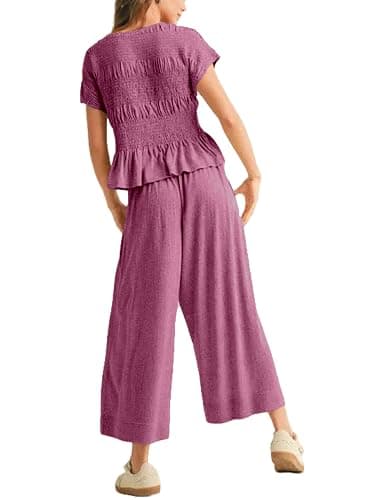 Antnation Womens 2 Piece Smocked  Top Wide-Leg Pants Set High-Waisted Lounge Outfit with Pockets Casual Boho Matching Set thumbnail 5