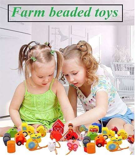 Lacing Farm Toy Wooden Block Set, Early Educational Toys String & Lacing Beads Games for Toddlers Kids Farm Animal Learning Play Set (16 Pieces) thumbnail 2