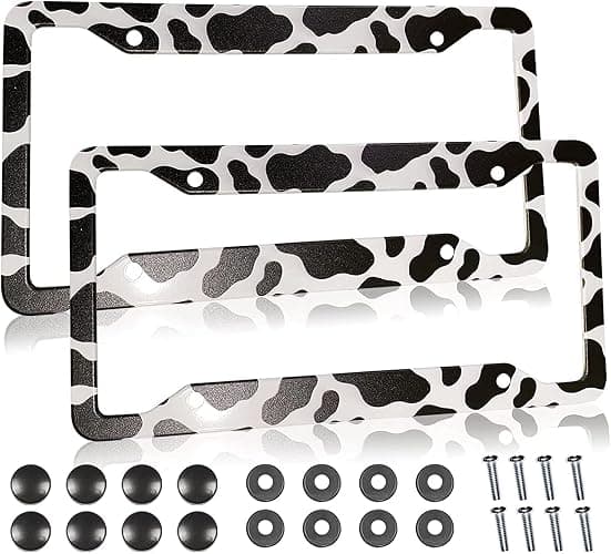 Cow Print License Plate Frame Holders Covers Cute Animal White Black Spot Cow Tags Frames Covers Holder Stainless Aluminum Metal 2 Pack 4 Holes for USA Canada Vehicle Standard - Image 1