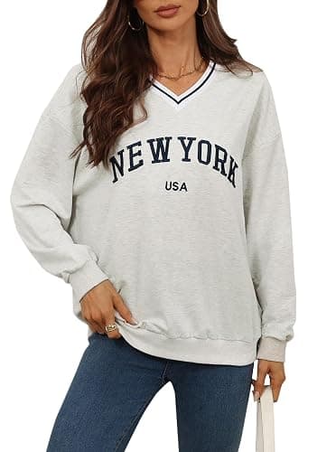 Remidoo Womens New York Embroidered V Neck Sweatshirt Oversized Long Sleeve Pullover Top thumbnail 3