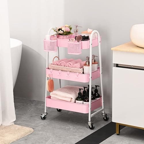 KINGRACK 3 Tier Utility Rolling Carts, Metal Rolling Storage Cart, Craft Art Cart with Handle and Locking Wheels & 2 Hanging Baskets 4 Hooks for Bathroom, Bedroom, Pink - Pink With Basket and Hooks thumbnail 6
