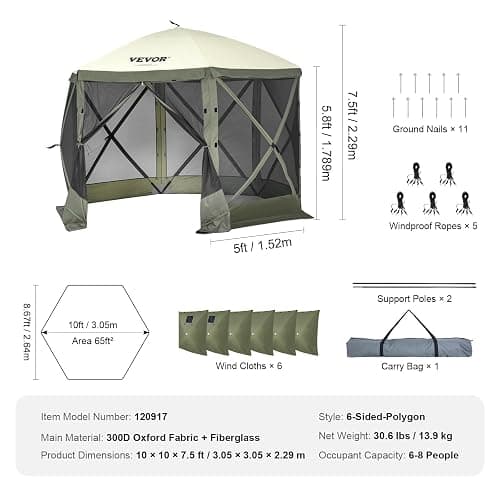 VEVOR Pop Up Gazebo Screen Tent 6 Sided Canopy Sun Shelter with 6 Removable Privacy Wind Cloths & Mesh Windows, 10x10FT Quick Set Screen Tent with Mosquito Netting, Army Green thumbnail 3