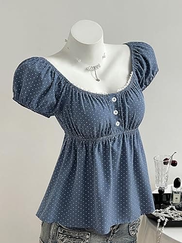Verdusa Women's Cute Babydoll Tops Polka Dots Flowy Going Out Outfits | Peplum Tops For Teen Girls, Summer Flowy Tops, Gingham Tops, Bubble Sleeve, Y2K Outfits thumbnail 5