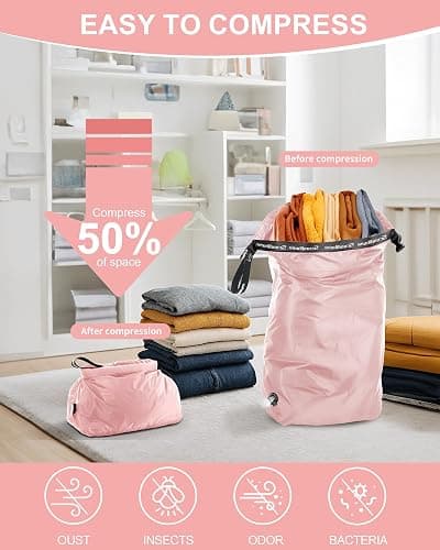 Travel Laundry Bag, Pump Free Vacuum Storage Bag Reusable Compression Dirty Clothes Travel Bag Waterproof Wet Dry Bags Large Capacity Space Saver Bags Camp Clothes Organizer (1 Pcs)(Pink, L) thumbnail 3