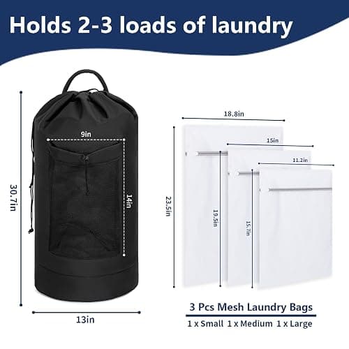 WELIDAY Laundry Bag Backpack with 3 Sizes Mesh Wash Bags and Shoulder Straps Foldable Clothes Hamper Bag with Drawstring Closure for College, Apartment, Laundromat (Black) thumbnail 2