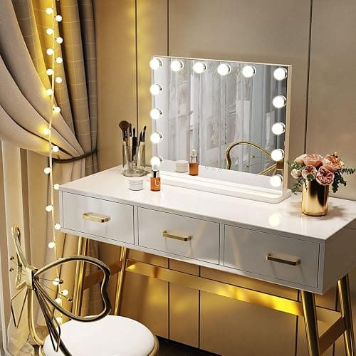 Moziel 50x42cm Specchio da Trucco con Luci, Specchio Hollywood da Tavolo o da Parete con Lampadine a 14 Led Tre Colori di Luce e Funzione di Luminosità Regolabile thumbnail 5