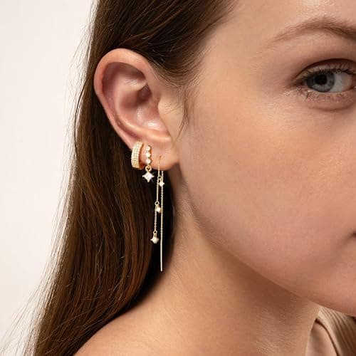 NECOCY Christmas Gift 14K Gold Plated Chain Earrings for Women 3/4 Pairs Dangle Dainty Stack Hoop Earrings Set Trendy Cubic Zirconia Stud Earrings for Women Jewelry thumbnail 6