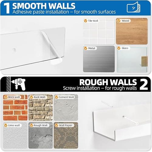 4 Pack Acrylic Shelves for Wall, 15 Inch White Adhesive Floating Shelf | Dual-Mount No Drill/Screw Waterproof Wall Shelf, Rustproof Storage Rack for Bathroom, Kitchen, Living Room, Bedroom thumbnail 4