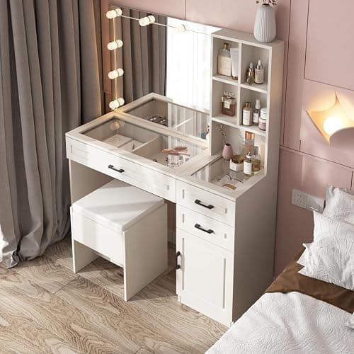 Fameill White Vanity Desk with Mirror and Lights,Glass Top Vanity Table with 3 Drawers and Cabinets,Large HD Mirror Makeup Desk,3 Lighting Modes, Brightness Adjustable,45 in(L) thumbnail 6