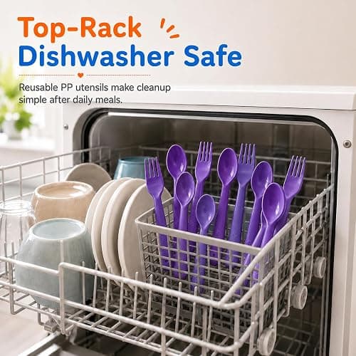 Muulaii 12 Pcs Kids Forks and Spoons, Plastic Kids Utensils Set, Purple | BPA free, Dishwasher Safe, PP Material, Brightly Colored, Easy to Grip, Sized for School Lunch Box, Fits from 2 Years Old thumbnail 7