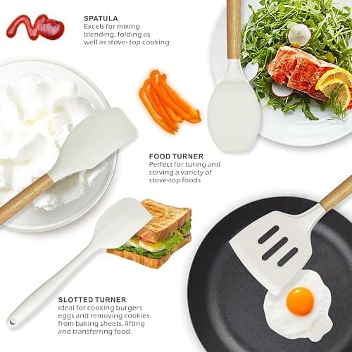 Silicone Cooking Utensils Set - 446°F Heat Resistant Silicone Kitchen Utensils for Cooking,Kitchen Utensil Spatula Set w Wooden Handles and Holder for Non-Stick Cookware (Cream White) thumbnail 5