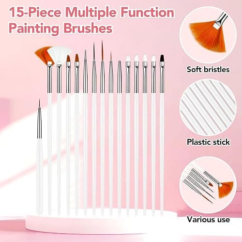 MUIIGOOD White Nail Art Brush 22 Pcs Set, 2 Head Acrylic Silicone Engraving Dotting Pen Tools Dust Brush, Striping Liner Drawing Pens, Resin Palette, for Nail Art DIY Home Salon Makeup Display Board thumbnail 5