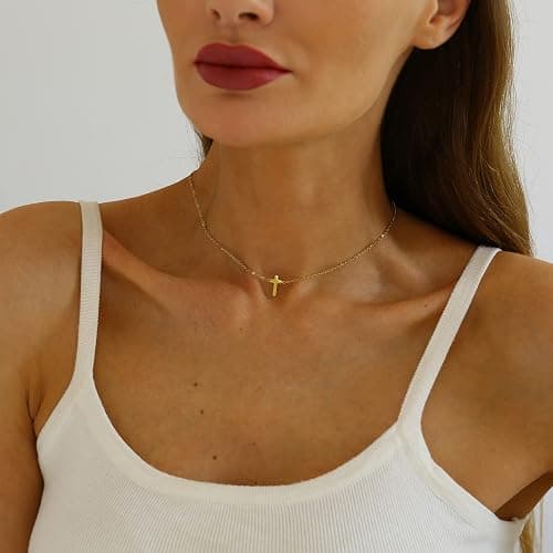 Nawflue Cross Necklace for Women, 18K Gold Plated Dainty Tiny Sideways Cross Choker Necklace, Adjustable Stainless Steel Trendy Faith Jewelry, Christmas Gifts thumbnail 4