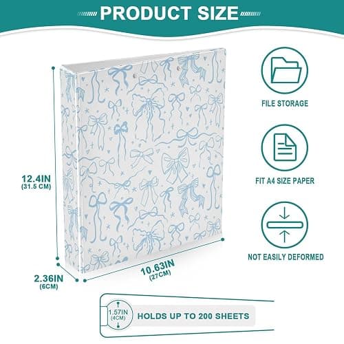 Aslsiy Doodle Bow Knots Blue 3 Ring Binder 1.5 Inch Coquette Round Clipboard Binder Decorative Harcover Binder Organizer for Office Supplies - Multi26 thumbnail 3
