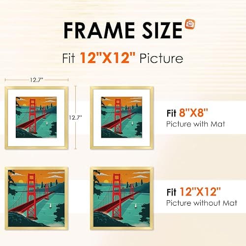 FIXSMITH 12x12 Picture Frame Gold Set of 4, Photo Frame with HD Plexiglass, Display Pictures 8x8 with Mat or 12x12 Without Mat, Natural Picture Frames Collage Wall Decor, Gallary Wall Frame thumbnail 3