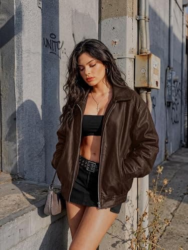 AUTOMET Women's Oversized Faux Leather Jacket Boyfriend Biker Moto Coat Lightweight Fall Bomber Outerwear thumbnail 3