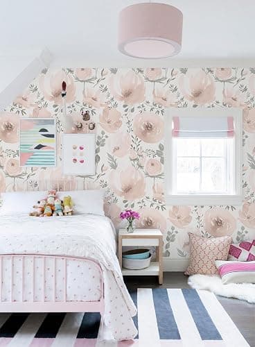Baolanzw Floral Peel and Stick Wallpaper Pink Wallpaper for Bedroom Self Adhesive Wall Paper Girls Room 17.3"x118" (Pink, 17.3" x 118") thumbnail 2