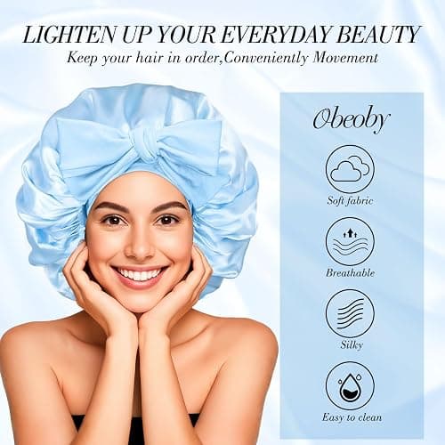 Obeoby Satin Silk Sleep Bonnet for Women, Double-Layer Hair Bonnets with Adjustable Tie Band for Curly Natural Wavy Hair Holiday Birthday Gifts (Blue,Extra Large) thumbnail 3