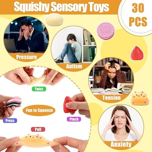 30pcs Taba Squishy Toys Kit, Mini Kawaii Squishy Stress Relief Fidget Toys for Party Favors Birthday Gifts, Include Cookies, Hamster, Strawberry Toys & 20 Sheets Stickers thumbnail 4
