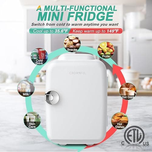 CROWNFUL Mini Fridge, 4 Liter/6 Can Portable Cooler and Warmer Personal Refrigerator for Skin Care, Cosmetics, Beverage, Food,Great for Bedroom, Office, Car, Dorm, ETL Listed (White) thumbnail 5