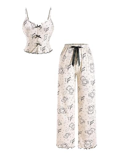 winkbay Women's Cute Cartoon Bear Print Bow Pajamas 2 Piece Notched V Neck Crop Cami Top and Pants Lounge Sets - Image 1