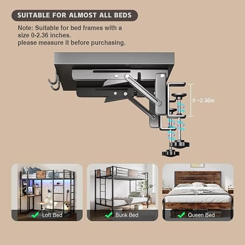 Magheo Bedside Shelf Foldable, Metal Clip-On Bunk Bed Table Shelf for Top Bunk Heavy Duty Bed Side Table Tray for College Dorm Room Essentials, Loft Nightstand Organizer Tray with 1 Cord Hole(Black) thumbnail 5