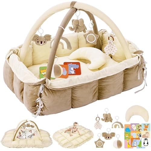 5-in-1 Plush Baby Play Gym, Baby Play Mats, Convertible Baby Gym with Pillow, Tummy time mat, 6 Sensory Toys, Baby Activity Center from Newborn to Toddler, Pet Bed, Cat & Dog Bed, Ball Pit, Cream - Image 1