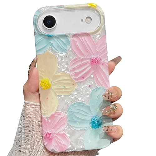 Jmltech for iPhone 17 Air Case Girly Aesthetic Floral Women Trendy Luxury Cute Shockproof Flowers with Beaded Phone Charms Strap Lanyard Oil Painting Flexible Silicone Phone Case for iPhone 17 Air - Image 1