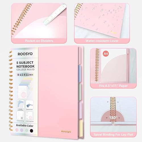 Aesthetic 5-Subject Notebook College Ruled with 5 Movable Tab Dividers & Pockets, 150 Sheets, 3-Hole Punched, Spiral Notbook, Plastic Cover, Fits 8.5"x11", 68gsm Paper, Includes Writable Stickers – Cute School Journal or Office Supplies, Pink thumbnail 6