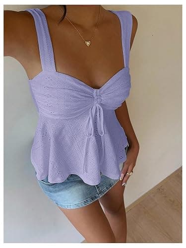Milumia Women's Eyelet Tie Front Ruched Tank Tops Y2k Going Out Peplum Top | Babydoll, Sexy Slim Fit, Sleeveless, Flowy, Summer, Beach Vacation Outfits, Country Concert thumbnail 2