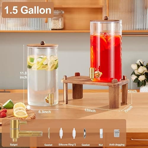 2 PCS 1.5 Gallon Drink dispenser, Glass Beverage Dispenser With Wood Stand, Large Water Drink Dispensers for Parties With Stainless Steel Spigot, Ideal for Lemonade,Juice, Tea, and Party Drinks thumbnail 3