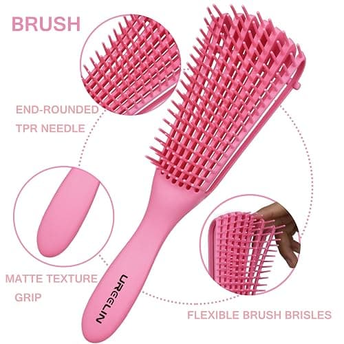 UREELIN Detangler Brush Set for 3a,4c,Wig/Thick/Wavy/Curly/Wet Slick Back Hair Brushes,Rat Tail Combs,8-Row,Edge Brush,For braiding,teasing,parting,styling,kids,girls,women(Pink) thumbnail 2