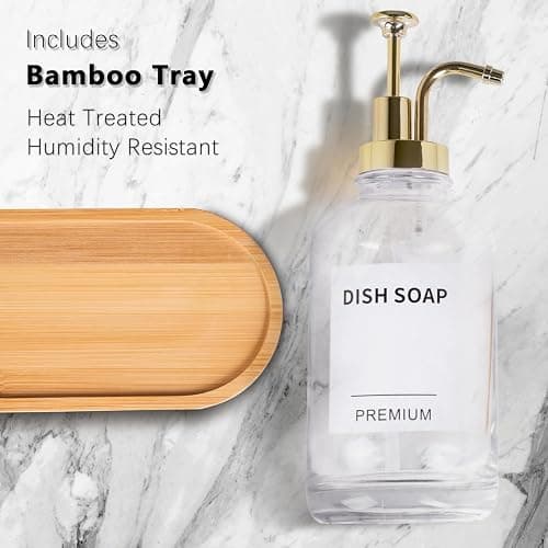 Dish Soap Dispenser for Kitchen, Hand Glass Soap Dispenser Set with Pump, Tray, Funnel for Bathroom, Shower, Laundry, Liquid, Lotion (Gold 2 Pack 18 Oz Clear Bottles with 12 Stickers) thumbnail 4