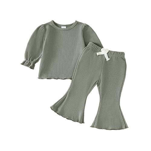 Koecnoc Toddler Girl Fall Outfits 2-piece Baby Lantern Sleeve Shirt and Flared Pant Clothes Set Waffle Clothing for Girls - Image 1