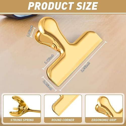 Funfery Gold Chip Clips Bag Clips Large Stainless Steel Clip for Food Storage,Air Tight Seal Chip Bag Clip 3 Inch Strong Food Clipp for Snack,Chips,Kitchen Decor,Home&Office Paper Heavy Duty-8 Pack thumbnail 2