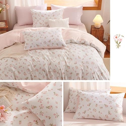 Erwinmu Floral Comforter Set Queen Size Pink Bedding Sets for All Season | Pink White Floral Comforter 3 Pieces,Reversible Queen Bed in a Bag,Flowers Coquette Aesthetic Comforter and 2 Pillowcases thumbnail 7