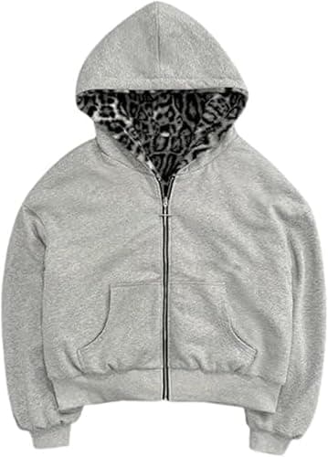 VeraieSien Y2k Reversible Zip Up Jacket Grunge Streetwear Vintage Leopard Print Jacket Baggy Long Sleeve Hoodie Unisex - Image 1