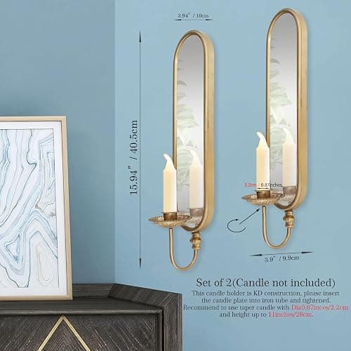 Set of 2 Vintage Gold Iron Candle Sconce and Mirror, Rustic Metal Wall Candle Holders for Pillar Candles Wall,Living Room, Bathroom, Dining Room(Size:3.94x15.94x3.9inches) thumbnail 8