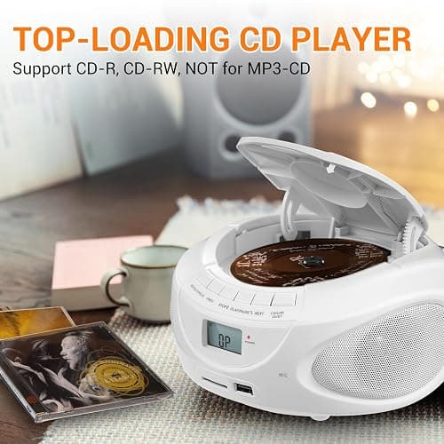 Portable CD Player Boombox with Bluetooth, AM/FM Radio CD Player with Stereo Speakers, USB/SD/AUX Input, Headphone Jack, AC or Battery Operated Compact CD Player for Home, Kids & Seniors, White thumbnail 4