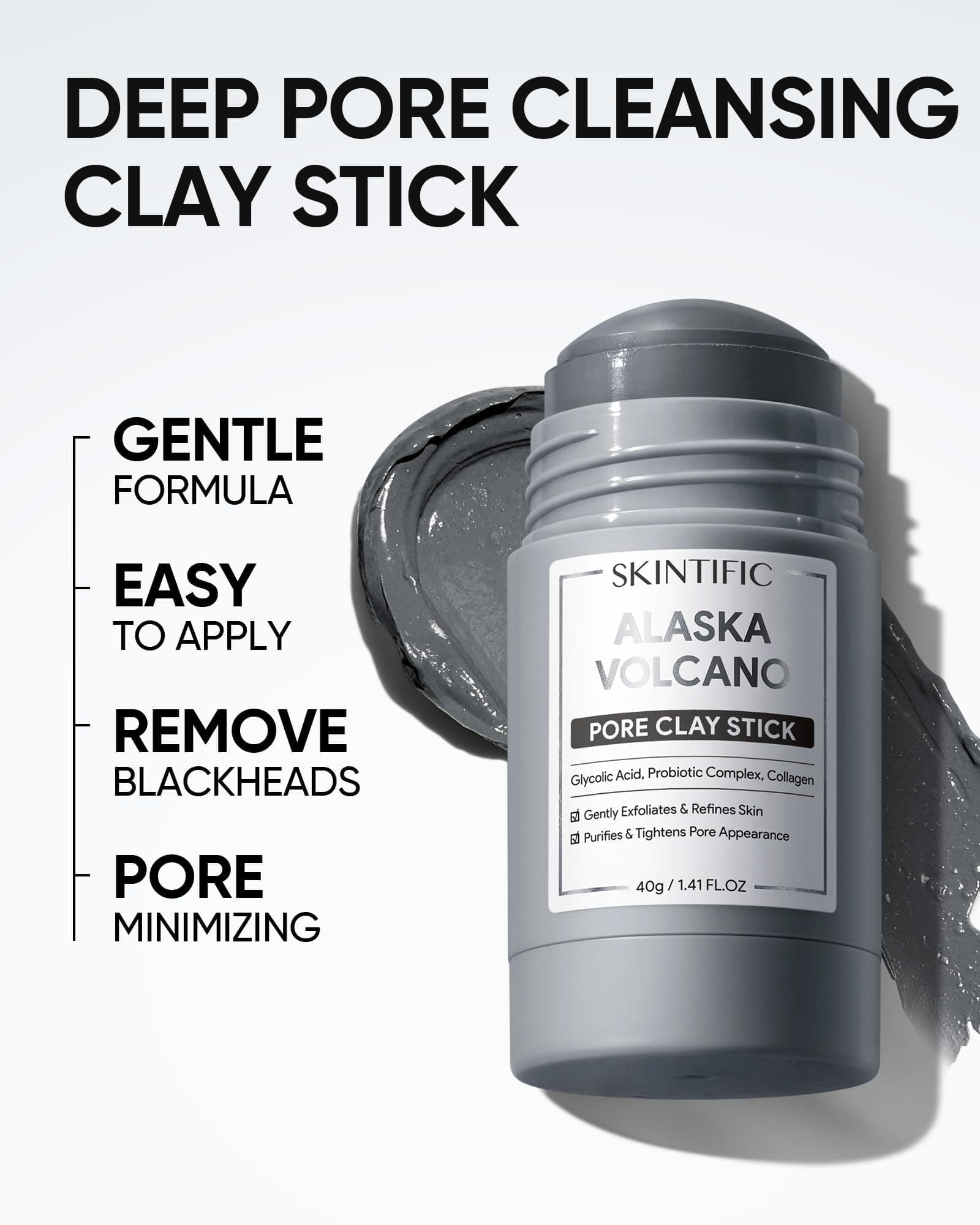 SKINTIFIC Deep Pore Cleansing Blackhead Remover Face Mask Stick, Mud Mask with Natural Alaska Volcano Clay, Gentle Exfoliating, Smoothing Skin, Non-Drying, Skincare Facial Mask thumbnail 4