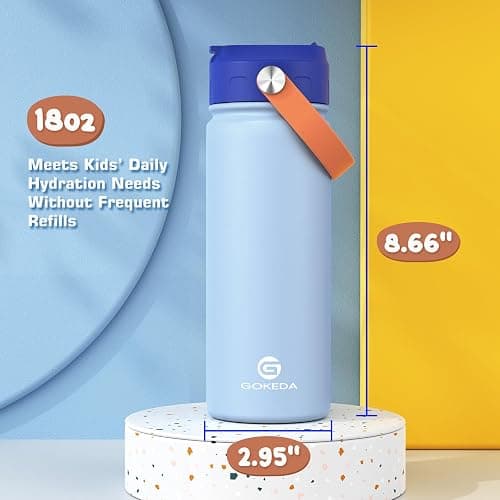 GoKEDA 18oz Kids Water Bottle, 2 Pack Insulated Bottles with Stickers, 18/8 Stainless Steel Vacuum Leak Proof Straw Cup for School, Gifts for Boys(Light Blue, Dark Blue) thumbnail 7